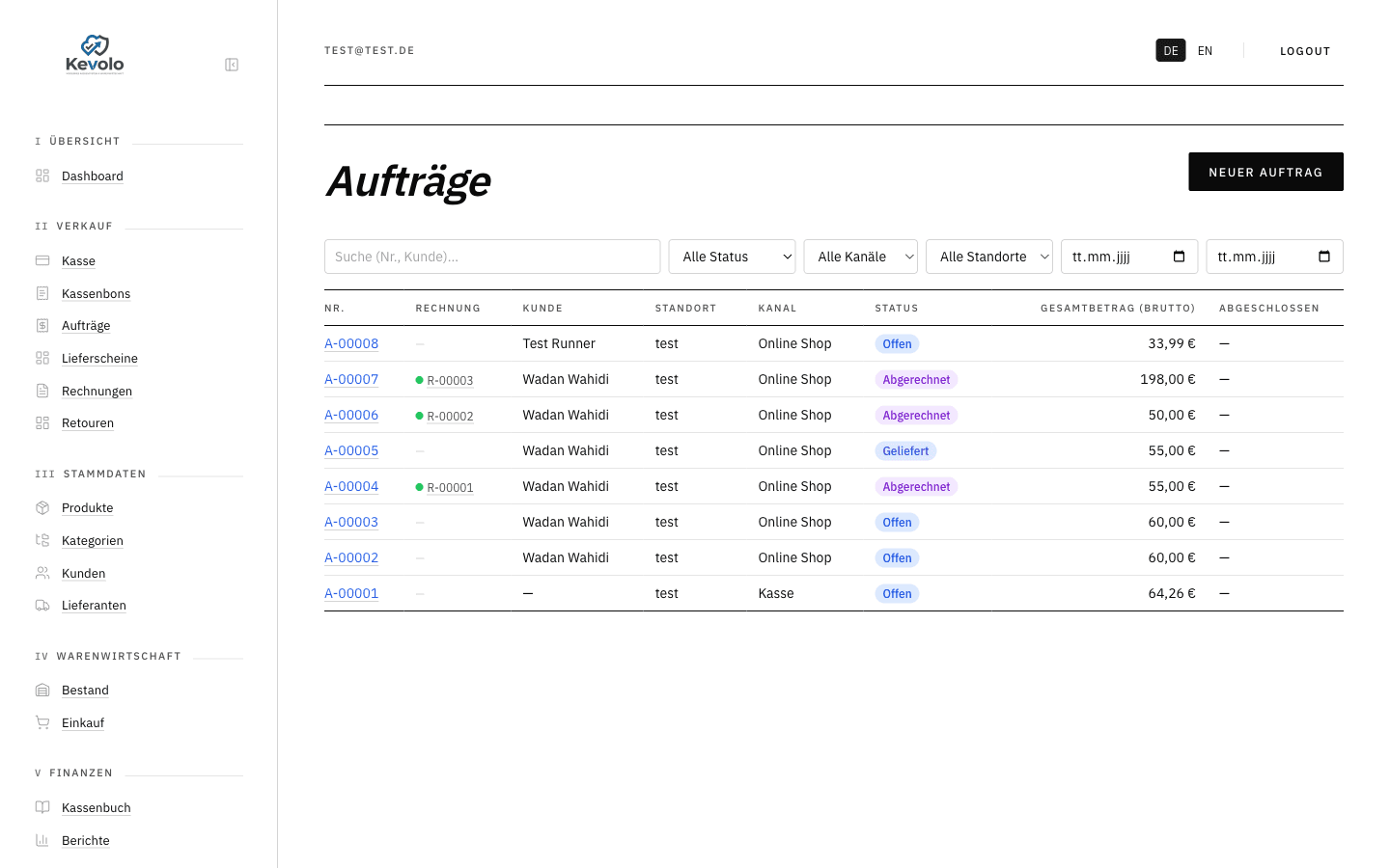 Auftragsliste mit Status, Kunden und Beträgen im Kevolo ERP