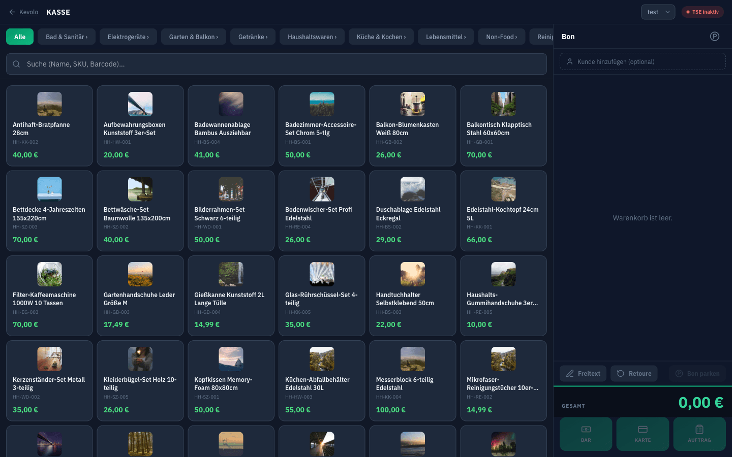 Kassensystem mit Produktraster und Bon-Panel