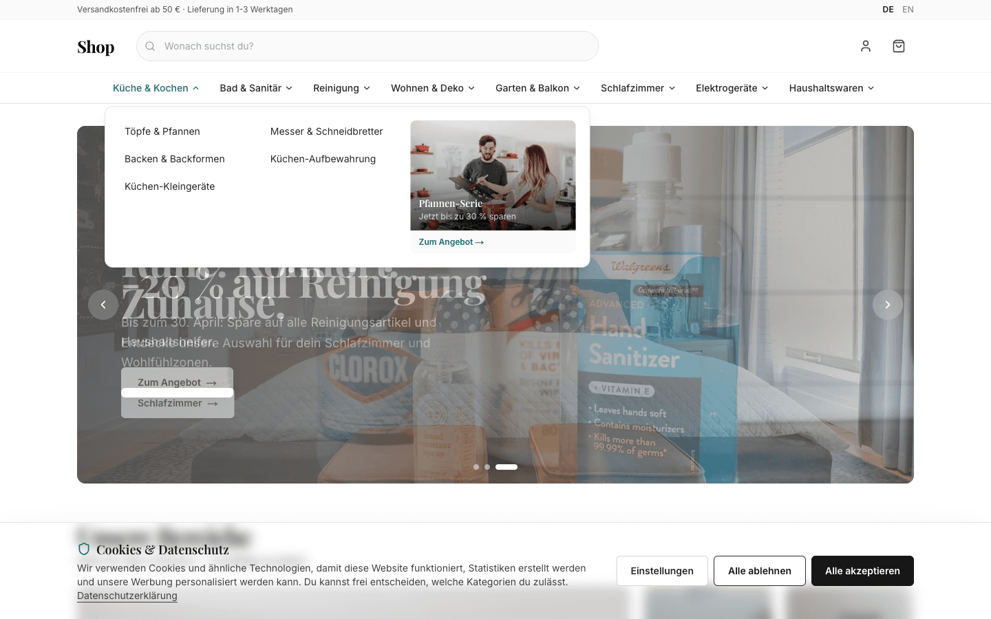 Onlineshop-Startseite mit Mega-Menü und Hero-Slider, gehostet auf eigener Domain
